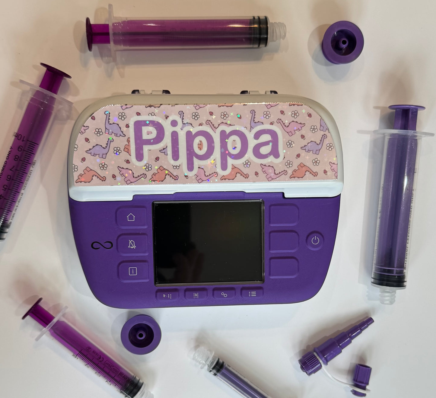 Pink Diplodocus Dino / dinosaur personalised Nutricia infinity and infinity 3 pump sticker