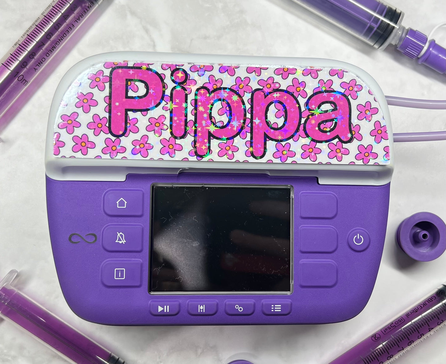 Pink flowers personalised Nutricia infinity and infinity 3 pump sticker