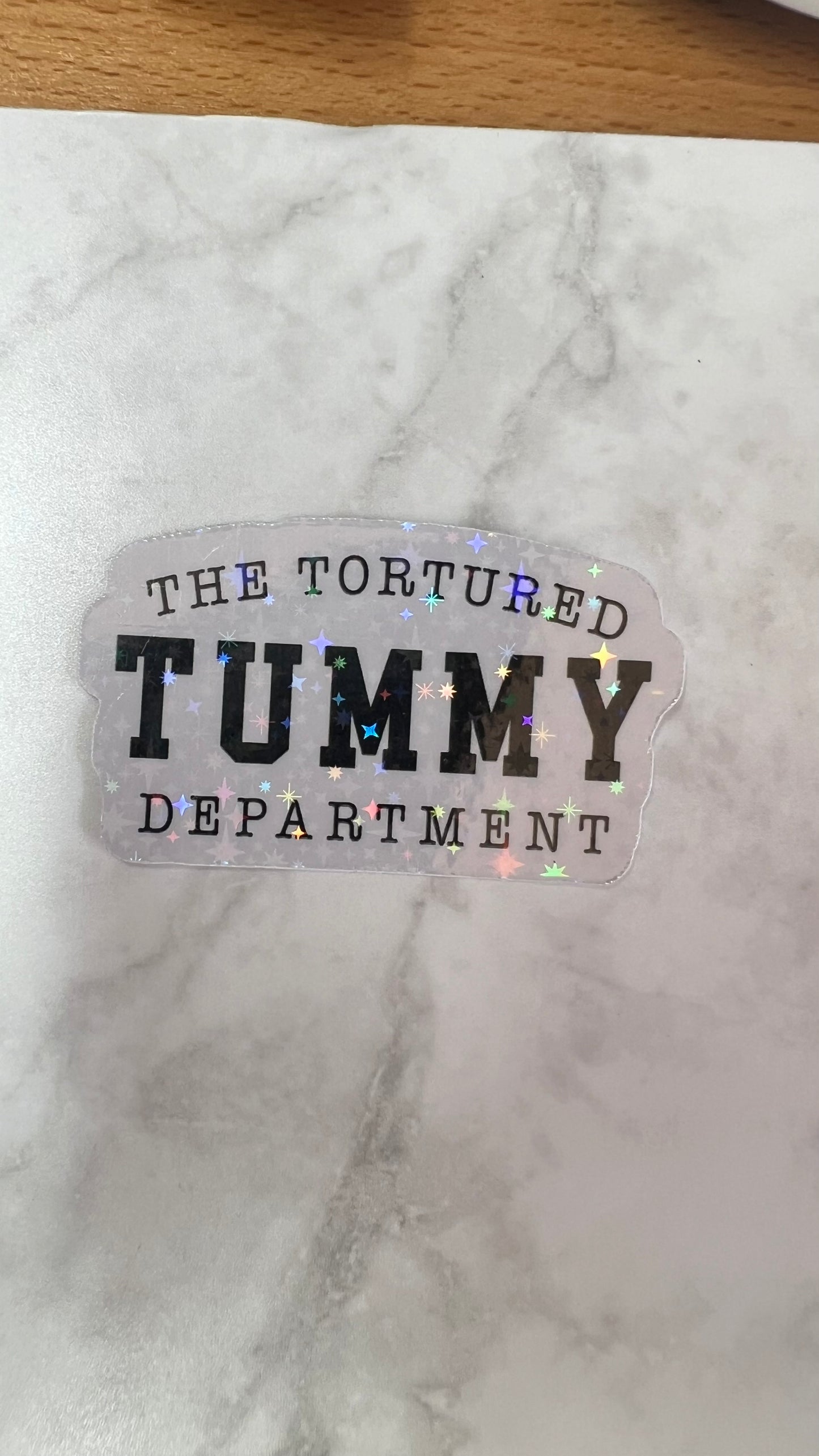 “The tortured tummy department” IBD IBS tummy problems holographic sticker