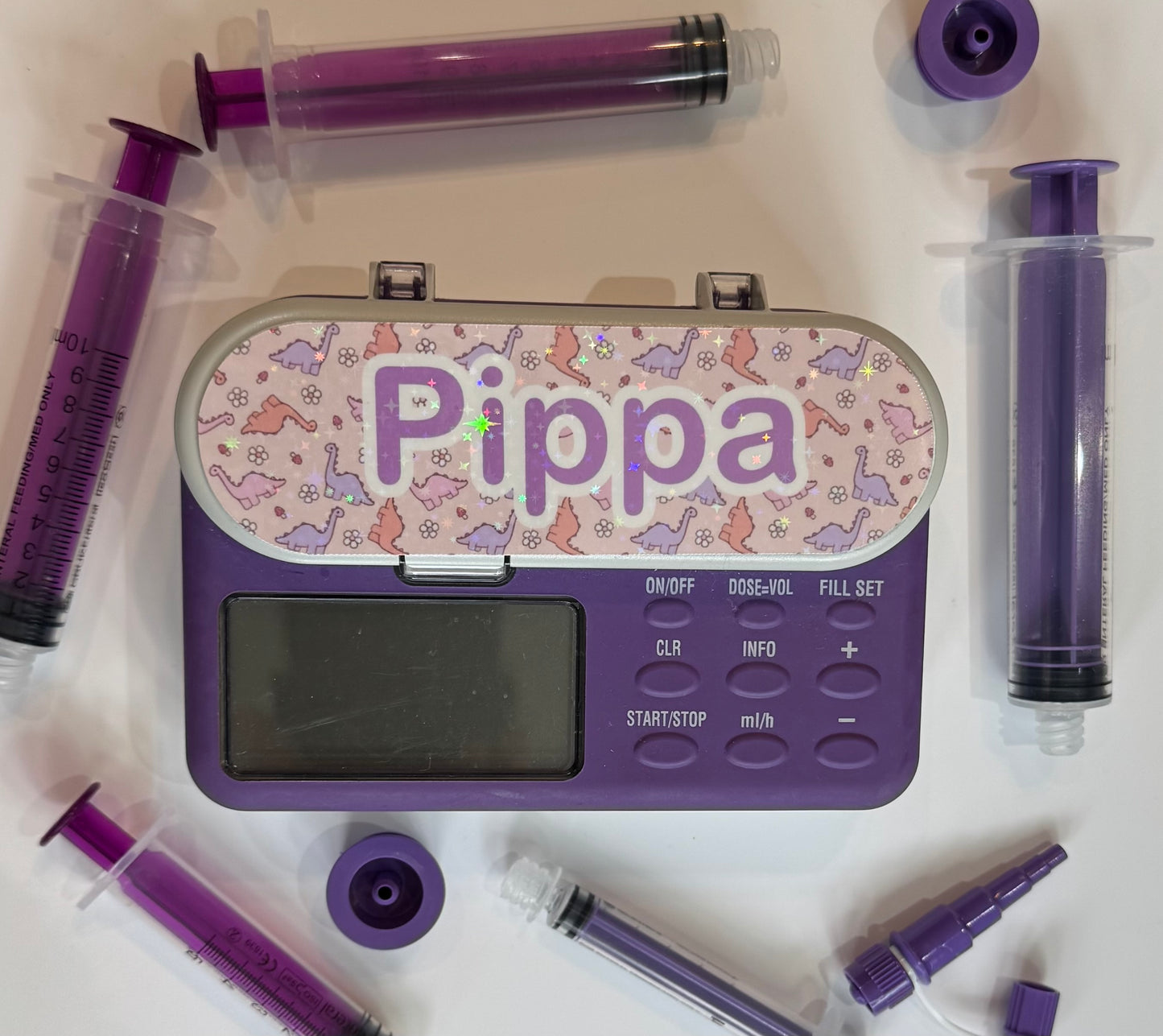 Pink Diplodocus Dino / dinosaur personalised Nutricia infinity and infinity 3 pump sticker