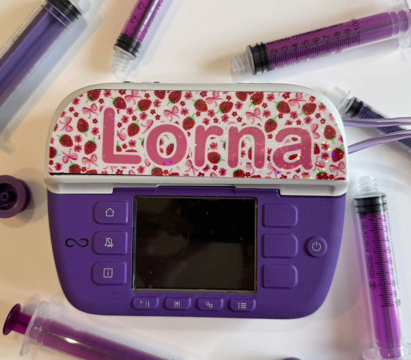 personalised both Nutricia infinity and infinity 3 pump types available (pump sticker) summer pink strawberry’s and bows