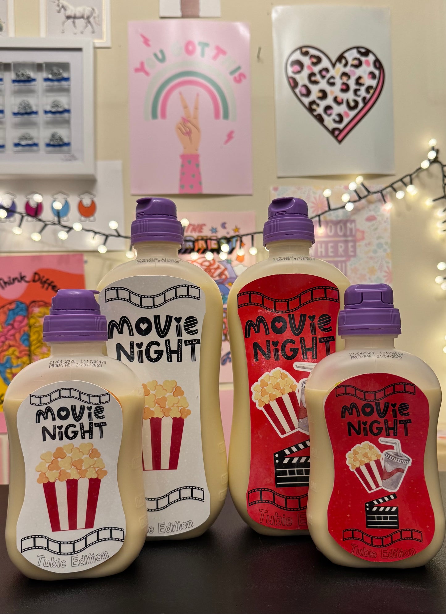 Movie night - popcorn and fizzy drink tubie edition - Foodie al Tubie feed bottle stickers
