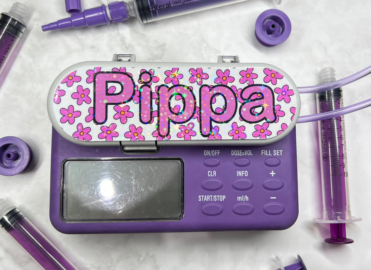 Pink flowers personalised Nutricia infinity and infinity 3 pump sticker
