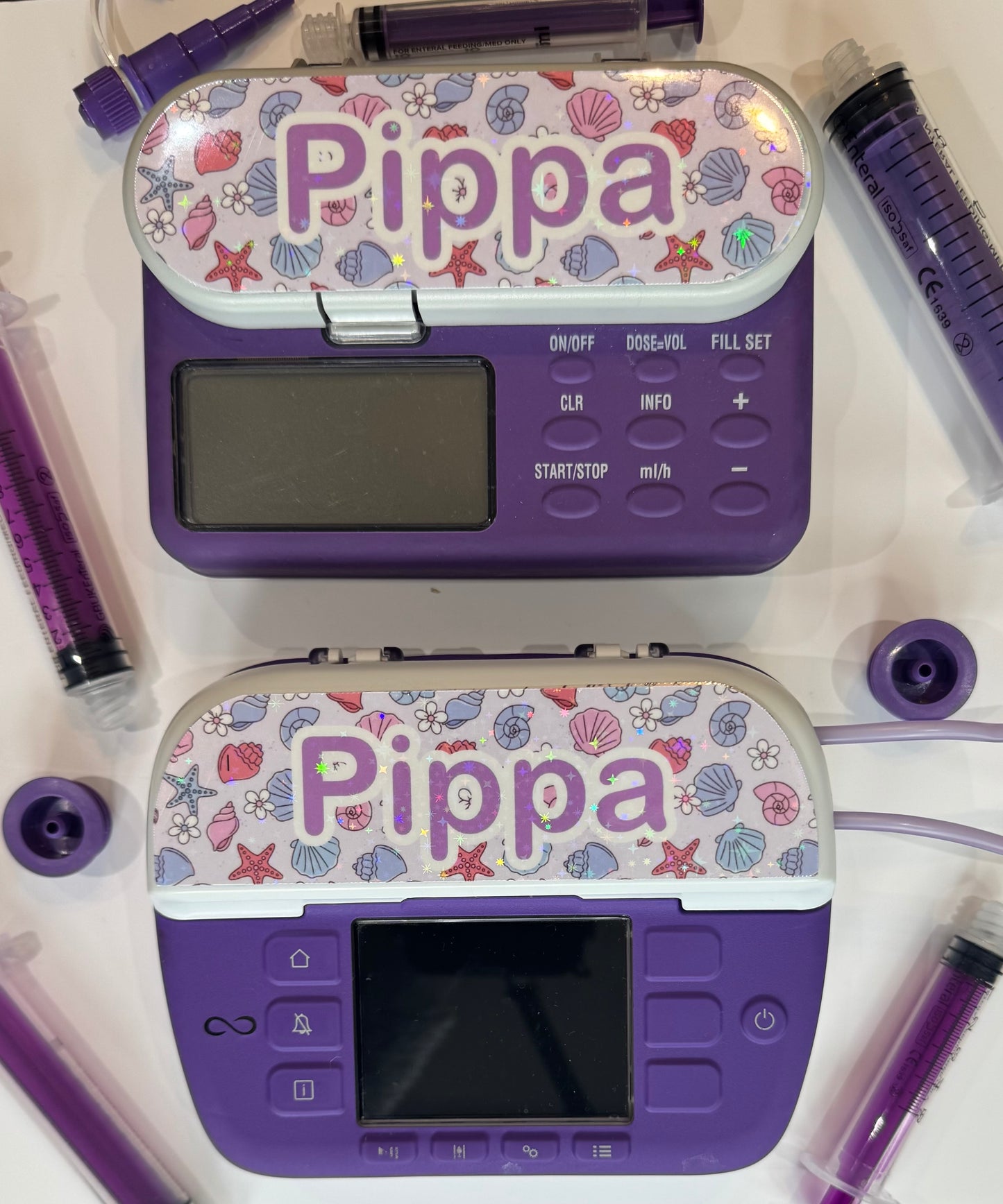 Pink sea shells personalised Nutricia infinity and infinity 3 pump sticker