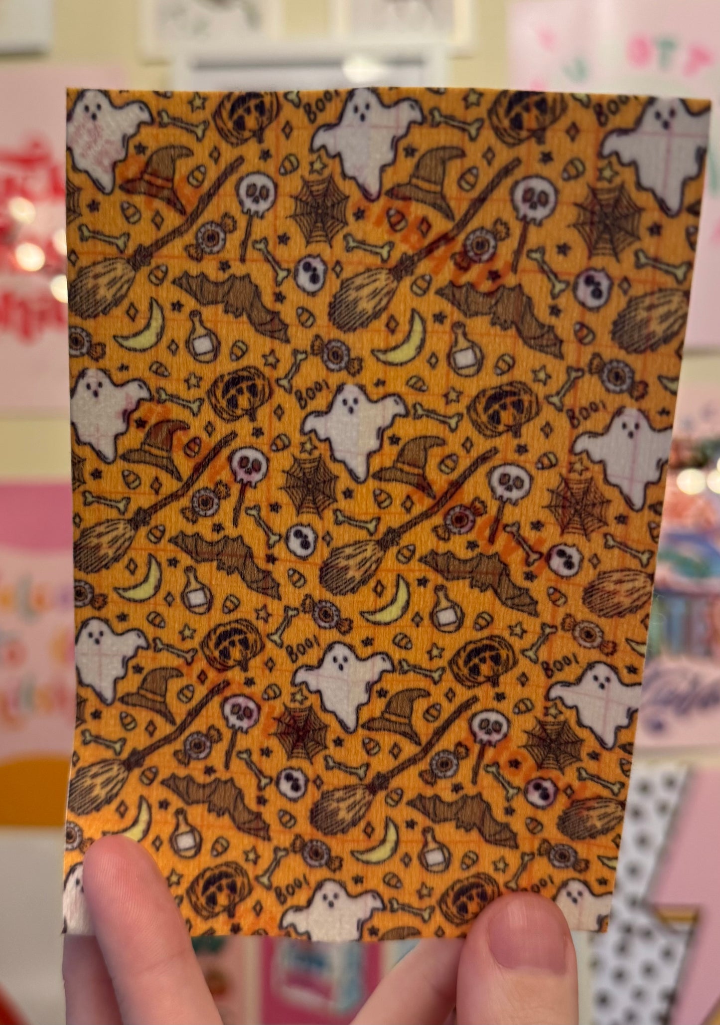 Bright & scary ghosts, bats, broom, orange Halloween tubie tape