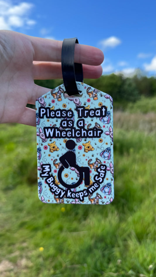 Medical buggy bag tag “please treat as a wheelchair- my buggy keeps me safe”