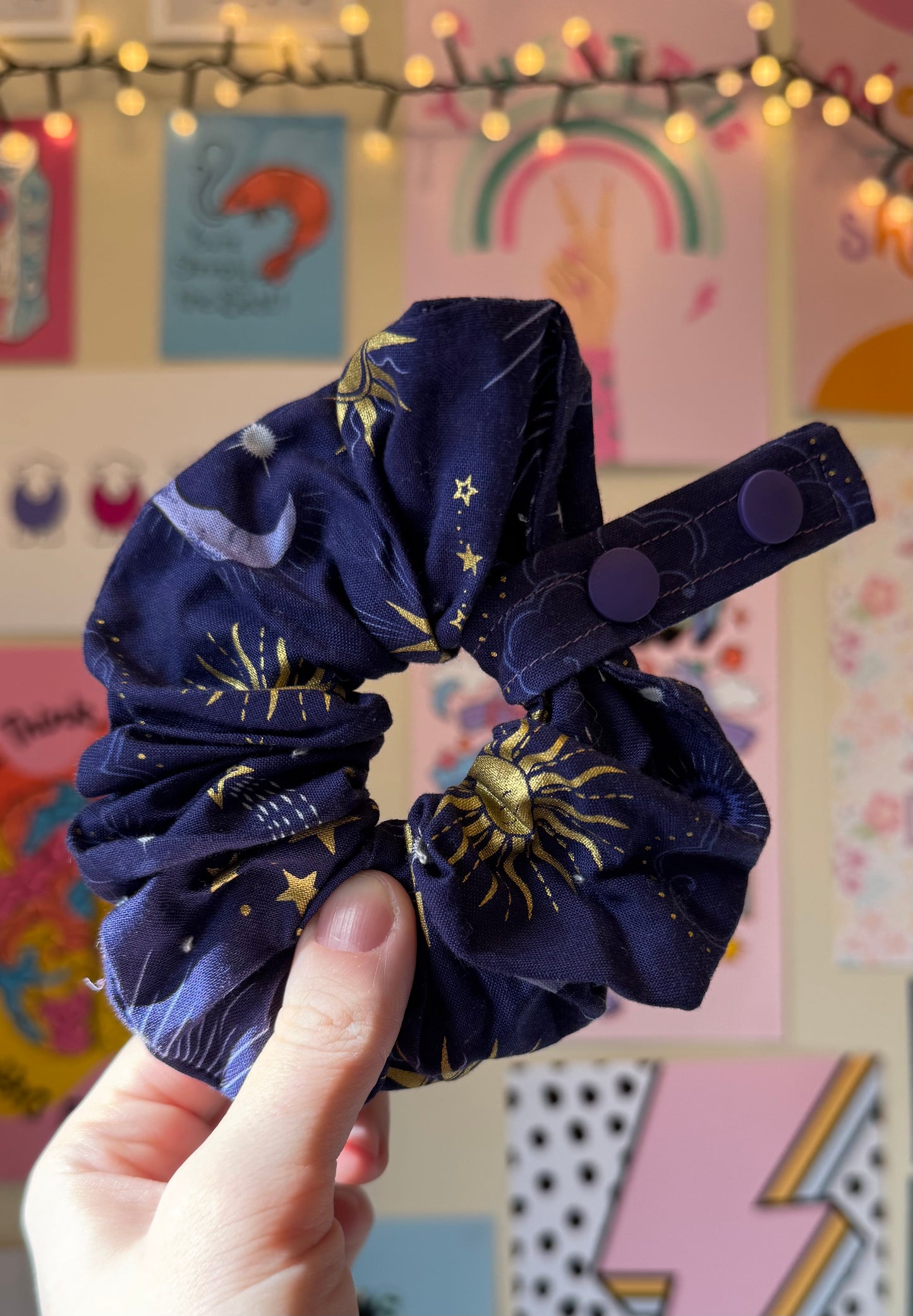 Celestial sun, clouds and moons navy Tubie scrunchies