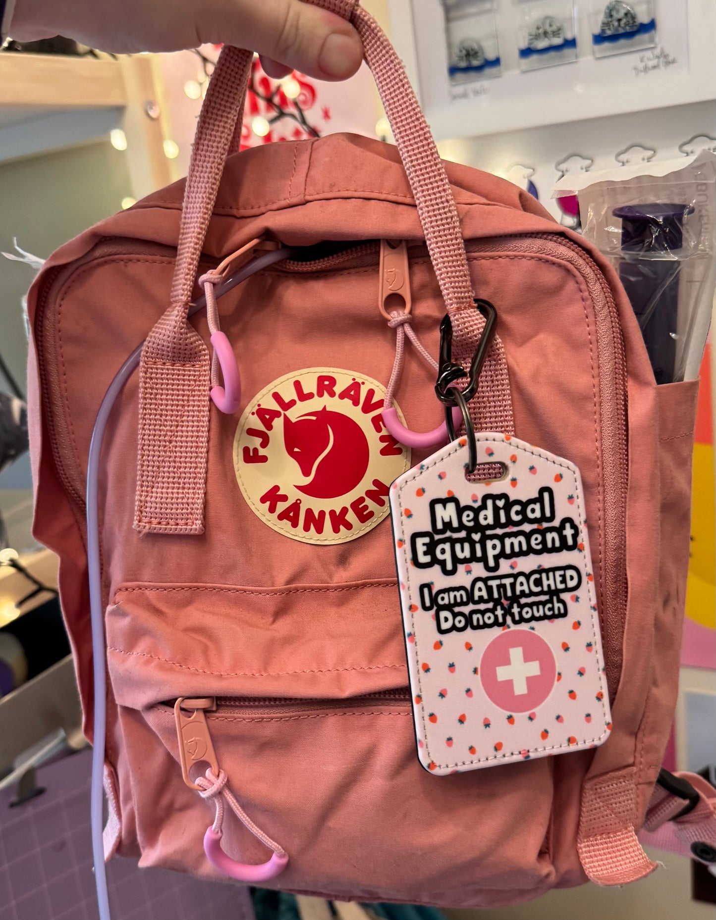 Medial bag tag - “Medical Equipment I am attached do not touch” petite pink strawberries ￼