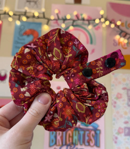 Floral red Tubie scrunchies with little birds
