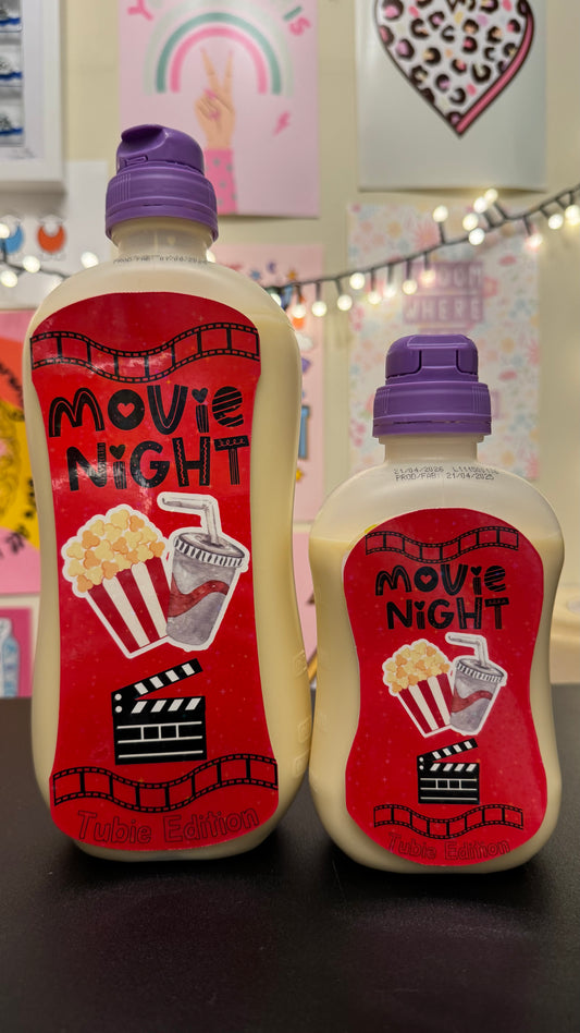 Movie night - popcorn and fizzy drink tubie edition - Foodie al Tubie feed bottle stickers
