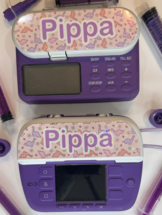Pink Diplodocus Dino / dinosaur personalised Nutricia infinity and infinity 3 pump sticker