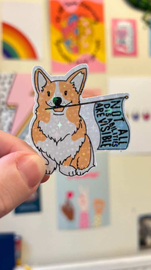 “Not all disabilities are visible” flag waving puppy holographic sticker