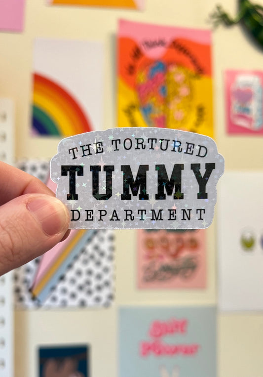 “The tortured tummy department” IBD IBS tummy problems holographic sticker