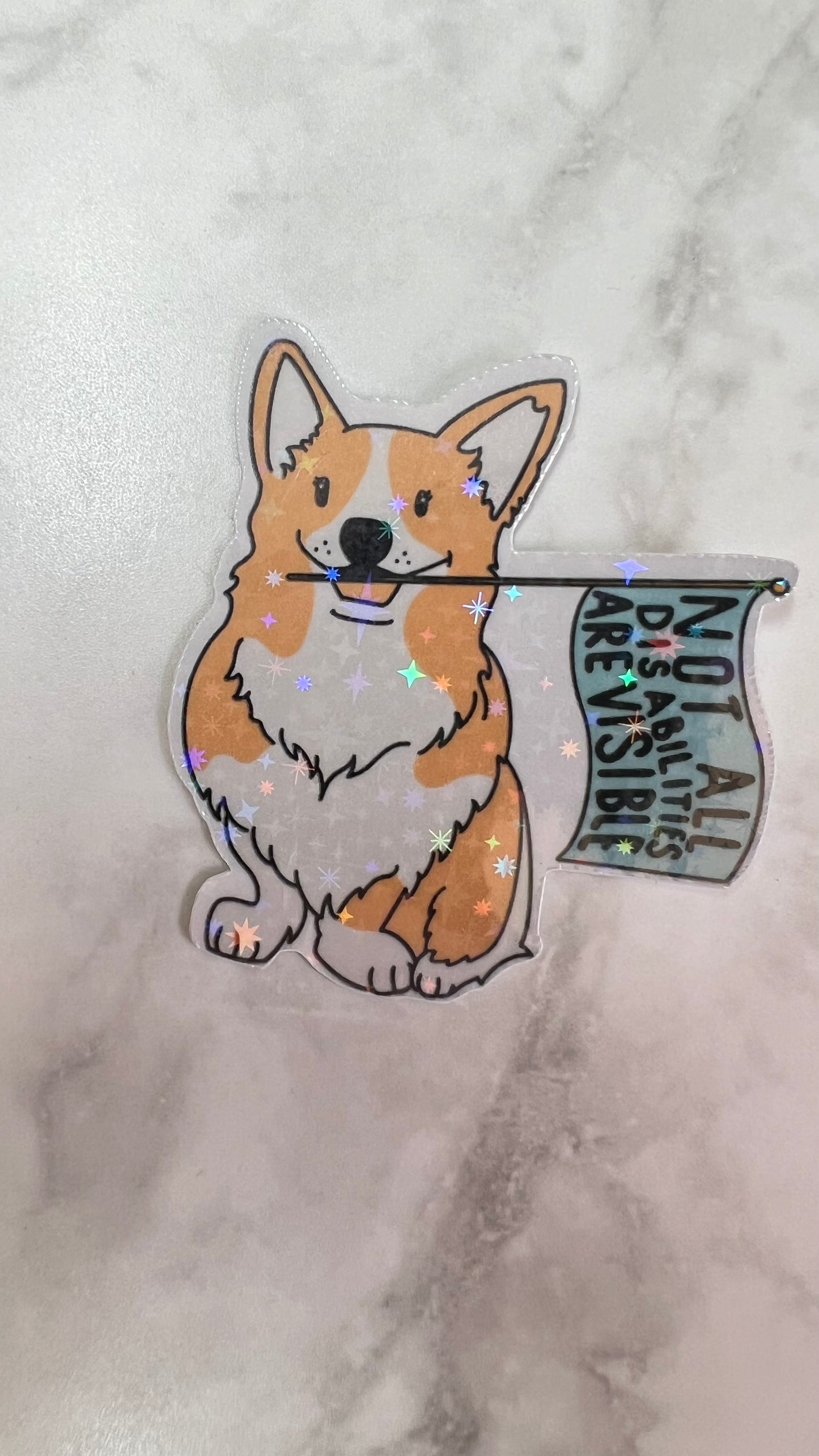 “Not all disabilities are visible” flag waving puppy holographic sticker