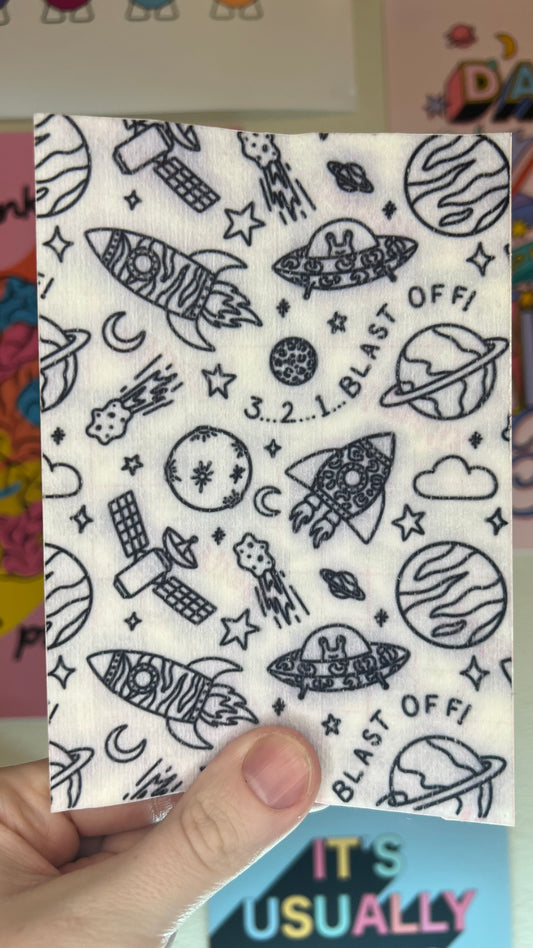 Space, rockets and aliens black and white Tubie tape