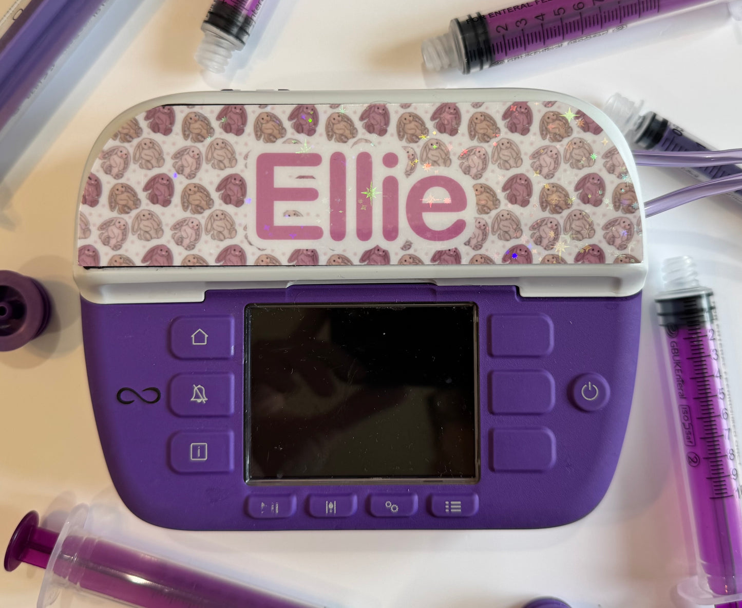 Pink bunny’s personalised both Nutricia infinity and infinity 3 pump types available (pump sticker) Jellycat collection