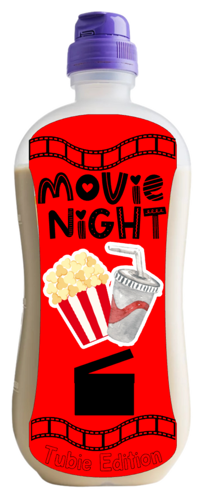 Movie night - popcorn and fizzy drink tubie edition - Foodie al Tubie feed bottle stickers