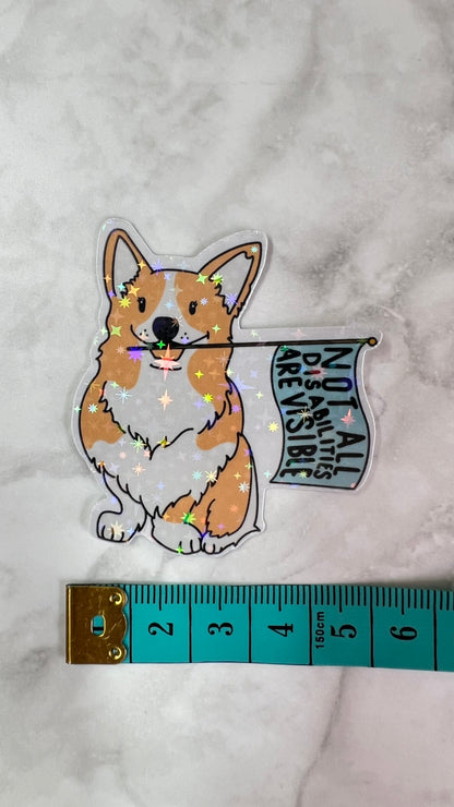 “Not all disabilities are visible” flag waving puppy holographic sticker