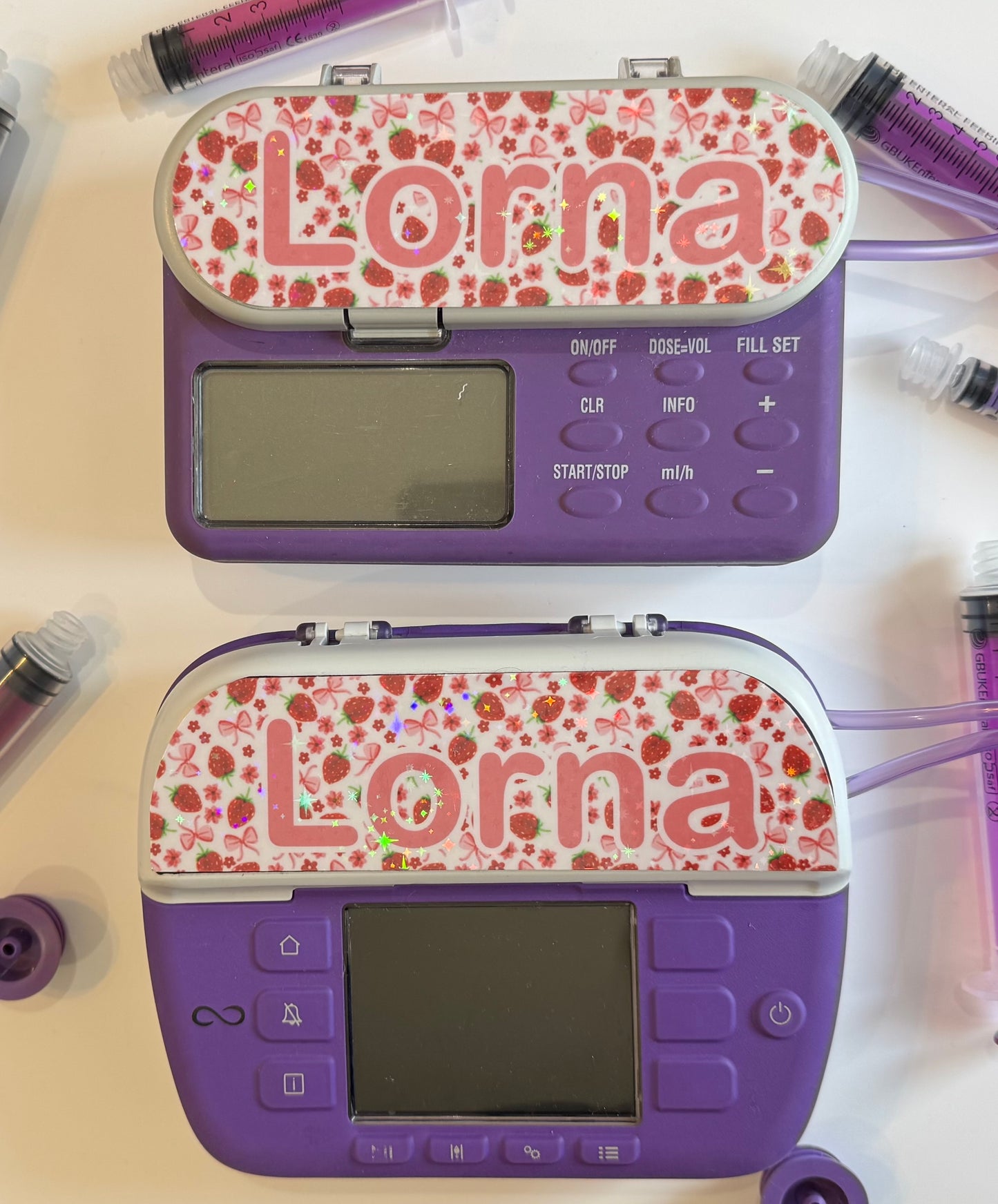 personalised both Nutricia infinity and infinity 3 pump types available (pump sticker) summer pink strawberry’s and bows